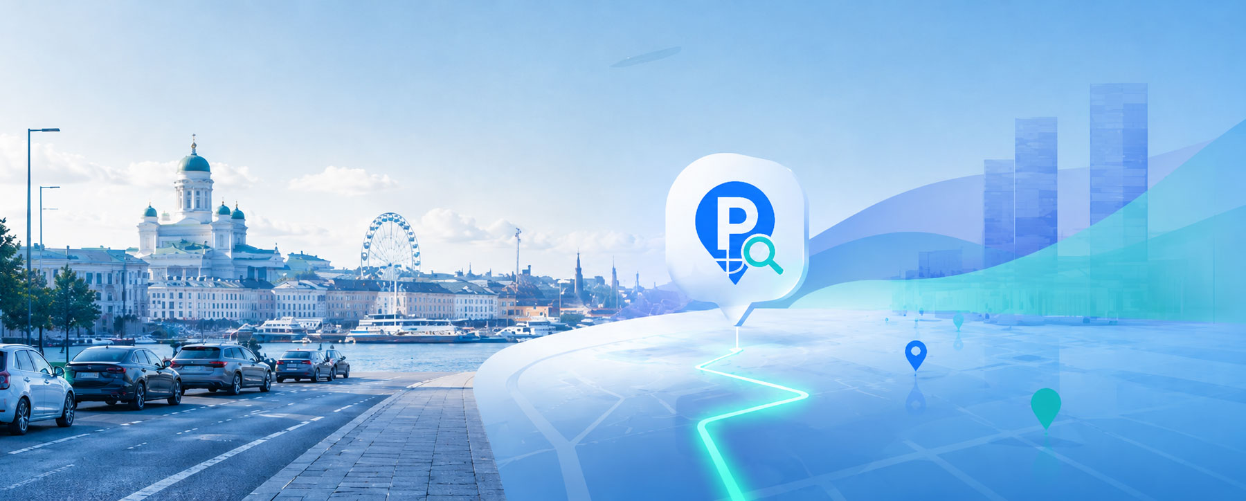 Helsingin maisema ja Parkkihaku-paikannusmerkki kartalla